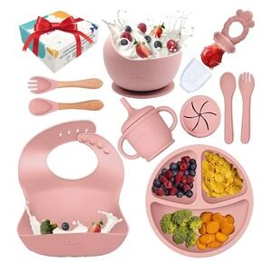 NEW Pink Silicone Baby Feeding‎ Set 10 Pcs Suction Plate Bowl Bib Sippy Cup